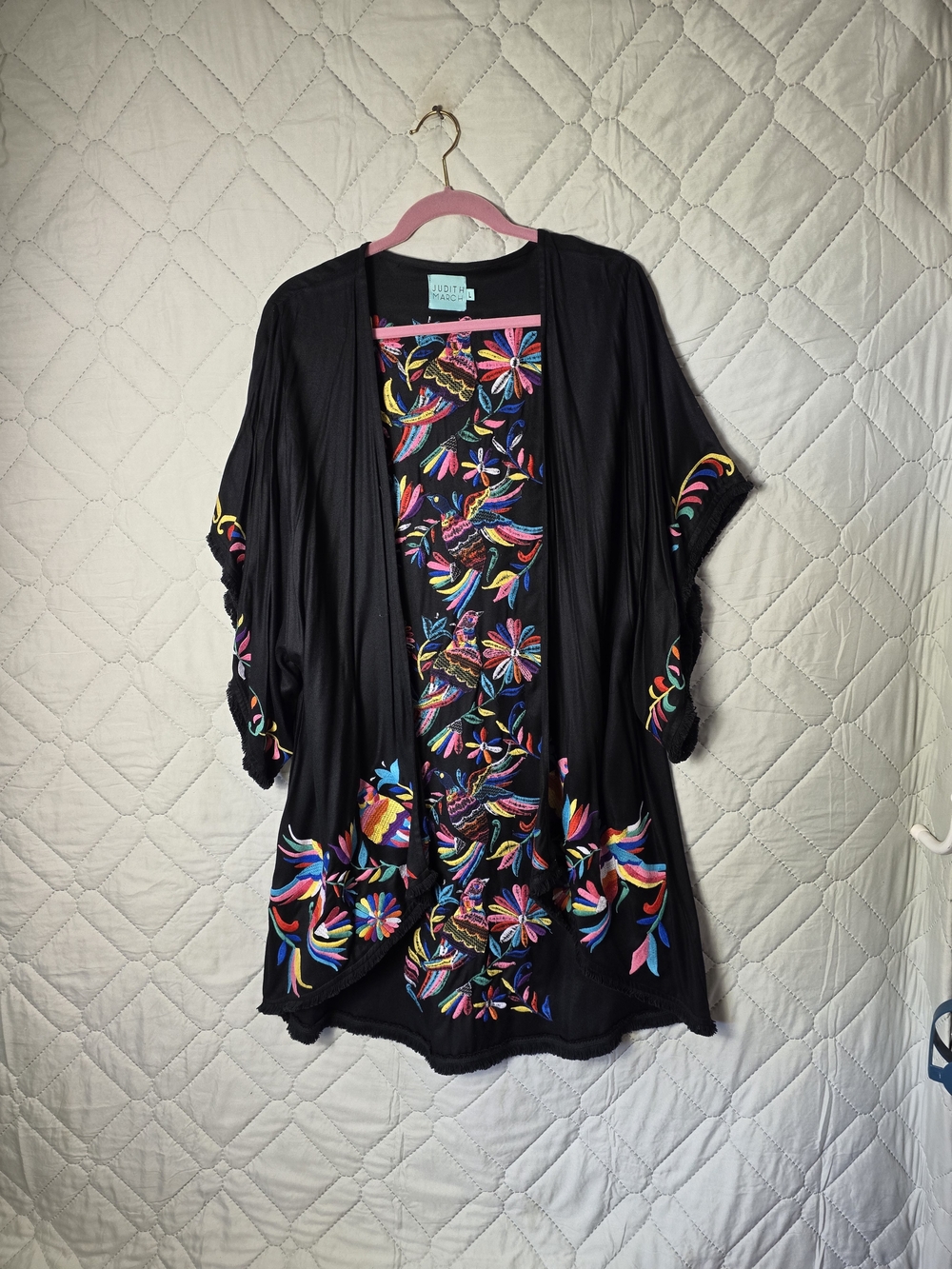 Judith March Kimono Coverup Womens Sz L Black Boho Tassel Embroidered Geometric - Picture 2 of 8